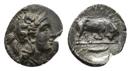 Southern Lucania, Thourioi, c. 400-350 BC. AR Triobol (11mm, 1.17g). Helmeted head of Athena r., helmet decorated with Skylla holding trident. R/ Bull...
