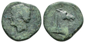 Bruttium, Carthaginian occupation, c. 215-205 BC. Æ Unit (23mm, 10.51g). Head of Tanit-Demeter l., wearing wreath of grain ears. R/ Head of horse r. H...