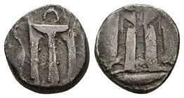 Bruttium, Kroton, c. 480-430 BC. AR Stater (19mm, 6.39g). Tripod, legs terminating in lion's feet; to l., stork standing r. R/ Incuse tripod. HNItaly ...