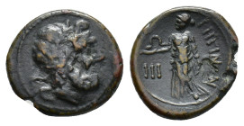Bruttium, Rhegion, c. 215-150 BC. Æ Tetras (15mm, 2.80g). Laureate head of Asklepios r. R/ Hygieia standing l., holding serpent; III to l. HNItaly 256...