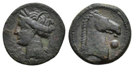 Carthaginian Domain, Sardinia, c. 264-241 BC. Æ (20mm, 4.37g). Wreathed head of Kore-Tanit l. R/ Head of horse r.; pellet before. Piras 8; SNG Copenha...