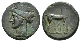 Carthaginian Domain, Sardinia, 264-241 BC. Æ Shekel (22mm, 5.79g). Wreathed head of Tanit l. R/ Horse standing r.; letter below. Piras, 136; SNG Copen...