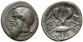 Sicily, Katane, c. 461-450 BC. AR Litra (11mm, 0.66g, 5h). Head of Silenos l. R/ Winged thunderbolt; two shields flanking. Boehringer, Kataneische, Se...