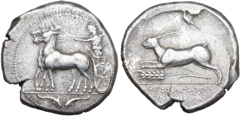 Sicily, Messana, 412-408 BC. AR Tetradrachm (27mm, 17.05g). Charioteer, holding ...