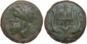 Sicily, Messana, 338-318 BC. Æ Litra (26mm, 12.30g). Laureate head of Poseidon l. R/ Ornate trident head flanked by dolphins; palmettes between tongs....