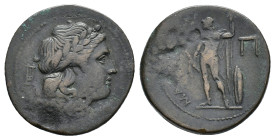 Sicily, Messana. The Mamertinoi, after 210 BC. Æ Pentonkion (25.5mm, 8.32g). Laureate head of Apollo r.; lyre behind. R/ Nude warrior, except for chla...