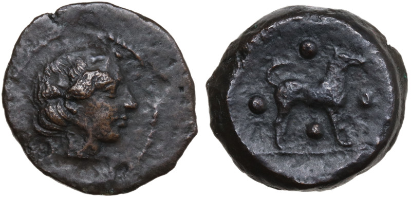 Sicily, Segesta, c. 420 BC. Æ Trias (20mm, 7.51g). Head of nymph Egesta r., wear...