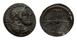 Sicily, Syracuse. Hieron I (478-466 BC). AR Obol (10mm, 0.51g), c. 475-470. Diademed head of Arethusa r. R/ Wheel of four spokes. SNG ANS 116-8; HGC 2...