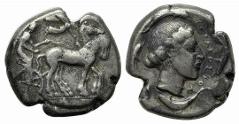 Sicily, Syracuse, 466-405 BC. AR Tetradrachm (25mm, 16.97g, 3h), c. 450-440 BC. Charioteer driving quadriga r.; above, Nike flying r., crowning horses...