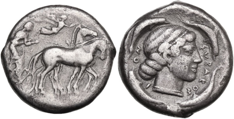 Sicily, Syracuse, 466-405 BC. AR Tetradrachm (24.5mm, 16.50g). Charioteer drivin...