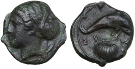 Sicily, Syracuse, c. 415-405 BC. Æ Hemilitron (15mm, 2.71g). Head of Arethusa l., hair bound in ampyx and sphendone; two leaves to r. R/ Dolphin swimm...