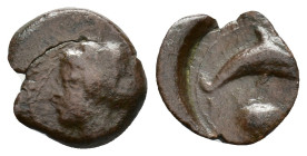 Sicily, Syracuse, c. 415-405 BC. Æ Hemilitron (16mm, 2.43g). Head of Arethusa l., hair bound in ampyx and sphendone; two leaves to r. R/ Dolphin swimm...