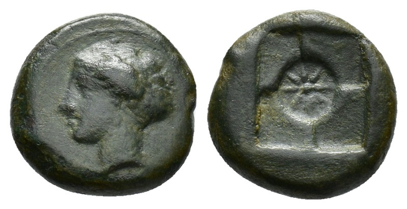 Sicily, Syracuse, 405-375 BC. Æ Hemilitron (17mm, 5.11g). Head of nymph l., hair...