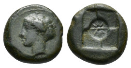 Sicily, Syracuse, 405-375 BC. Æ Hemilitron (17mm, 5.11g). Head of nymph l., hair in ampyx, wearing necklace and sphendone. R/ Eight-rayed star in cent...