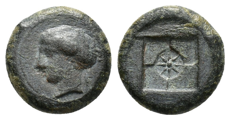 Sicily, Syracuse, 405-375 BC. Æ Hemilitron (16mm, 5.11g). Head of nymph l., hair...