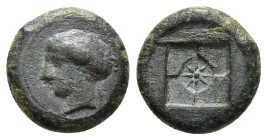 Sicily, Syracuse, 405-375 BC. Æ Hemilitron (16mm, 5.11g). Head of nymph l., hair in ampyx, wearing necklace and sphendone. R/ Eight-rayed star in cent...