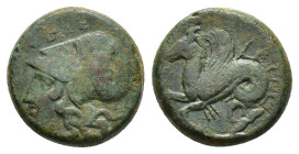 Sicily, Syracuse, 400-390 BC. Æ Hemilitron (17mm, 6.54g). Head of Athena l., wearing Corinthian helmet decorated with wreath. R/ Hippocamp l. CNS II, ...