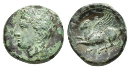 Sicily, Syracuse, 344-317 BC. Æ (18mm, 4.74g). Laureate head of Apollo l. R/ Pegasos flying l.; monogram below. CNS II, 85; SNG ANS -; HGC 2, 1486. Gr...