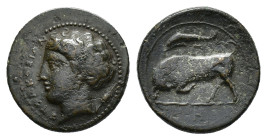 Sicily, Syracuse. Agathokles (317-289 BC). Æ (16mm, 2.79g), c. 317-310. Head of Arethusa l.; grain-ear behind. R/ Bull butting l.; dolphin and Π above...