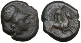 Sicily, Syracuse. Agathokles (317-289 BC). Æ (17mm, 5.63g), c. 310–309 BC. Helmeted head of Athena r. R/ Horseman riding r. CNS II, 117; SNG ANS 697-9...