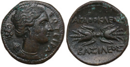 Sicily, Syracuse. Agathokles (317-289 BC). Æ Litra (22mm, 7.66g). Head of Artemis Soteria r., quiver over shoulder. R/ Winged thunderbolt. CNS II, 142...