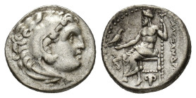Kings of Macedon, Alexander III ‘the Great’ (336-323 BC). AR Drachm (16mm, 4.22g). Magnesia on the Maeander, c. 325-323 BC. Head of Herakles r. wearin...