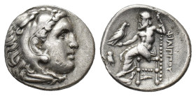 Kings of Macedon, Philip III Arrhidaios (323-317 BC). AR Drachm (18mm, 4.14g). Abydos. Head of Herakles r., wearing lion skin. R/ Zeus Aëtophoros seat...