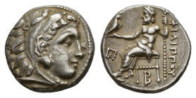 Kings of Macedon, Philip III Arrhidaios (323-317 BC). AR Drachm (16mm, 4.26g). Kolophon, c. 322-319 BC. Head of Herakles r., wearing lion skin. R/ Zeu...