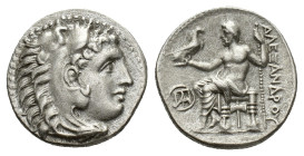 Kings of Macedon, Demetrios I Poliorketes (306-283 BC). AR Drachm (18.5mm, 4.17g). In the name and types of Alexander III. Miletos, c. 295/4 BC. Head ...