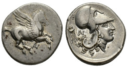 Akarnania, Anaktorion, c. 350-300 BC. AR Stater (22mm, 8.42g). Pegasos flying r.; AN monogram below. R/ Helemted head of Athena r.; tripod and AN mono...