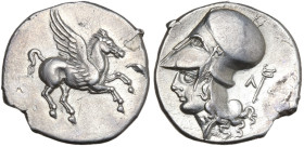 Akarnania, Leukas, c. 350-320 BC. AR Stater (22mm, 8.15g). Pegasos flying r. R/ Helmeted head of Athena l.; kerykeion and Λ to r. Pegasi 86; BCD Akarn...