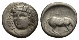 Thessaly, Larissa, c. 365-356 BC. AR Drachm (19mm, 5.69g). Head of the nymph Larissa facing slightly l., with hair in ampyx. R/ Horse r., preparing to...