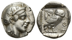 Attica, Athens, c. 465/2-454 BC. AR Tetradrachm (26mm, 17.18g). Helmeted head of Athena r., with frontal eye. R/ Owl standing r., head facing; olive s...