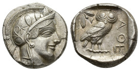 Attica, Athens, c. 454-404 BC. AR Tetradrachm (26mm, 17.21g). Helmeted head of Athena r. R/ Owl standing r., head facing; olive sprig behind; all with...