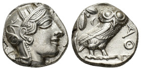 Attica, Athens, c. 454-404 BC. AR Tetradrachm (23mm, 17.15g). Helmeted head of Athena r. R/ Owl standing r., head facing; olive sprig behind; all with...