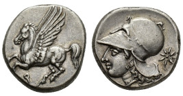 Corinth, c. 350/45-285 BC. AR Stater (20mm, 8.59g). Pegasos flying l. R/ Helmeted head of Athena l.; [I below chin], star to r. Pegasi 425; BCD Corint...
