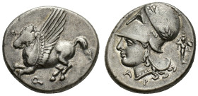 Corinth, c. 350/45-285 BC. AR Stater (21mm, 8.53g). Pegasos flying l. R/ Head of Athena l., wearing helmet adorned with wreath; A-P flanking neck trun...