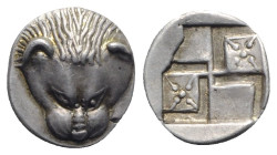 Tauric Chersonesos, Pantikapaion, c. 5th-4th century BC. AR 1/3 Siglos / Diobol (12mm, 1.81g). Head of lion facing. R/ Windsail incuse with stellate p...