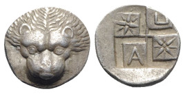 Tauric Chersonesos, Pantikapaion, c. 5th-4th century BC. AR 1/3 Siglos / Diobol (12mm, 1.49g). Head of lion facing. R/ Windsail incuse with stellate p...