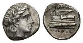 Bithynia, Kios, c. 350-300 BC. AR Hemidrachm (13mm, 2.55g). Athenodoros, magistrate. Laureate head of Apollo r. R/ Prow of galley l., ornamented with ...
