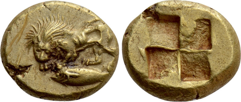 Mysia, Kyzikos, c. 500-450 BC. EL Hekte (12mm, 2.66g). Lion at bay l. on tunny l...
