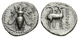 Ionia, Ephesos, c. 202-150 BC. AR Drachm (19mm, 3.58g). Hegembrotos, magistrate. Bee. R/ Stag standing r.; palm tree in background. Kinns, Attic, p. 8...