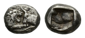 Kings of Lydia, Kroisos (c. 564/53-550/39 BC). AR 1/12 Siglos (8mm, 0.85g). Sardes. Confronted foreparts of lion r. and bull l. R/ Two incuse square p...