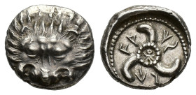 Dynasts of Lycia, Vekhssere II (c. 400-380 BC). AR Tetrobol (16mm, 3.22g). Facing lion's scalp. R/ Triskeles. Müseler -; SNG von Aulock 4201. Rare, EF...