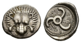Dynasts of Lycia, Trbbenimi (c. 380-370 BC). AR Tetrobol (17mm, 3.11g). Facing lion's scalp. R/ Triskeles. Müseler VIII.25-7 var. (inner letters). Nea...