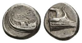 Lycia, Phaselis, 4th century BC. AR Tetrobol (15mm, 3.42g). Prow of galley r. R/ Stern of galley l.; retrograde ethnic above. Cf. Heipp-Tamer 72. VF