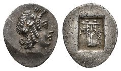 Lycian League, Masikytes, c. 30-27 BC. AR Hemidrachm (15mm, 1.97g). Laureate head of Apollo r. R/ Lyre; winged kerykeion to lower r.; all within recta...