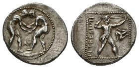 Pamphylia, Aspendos, c. 380/75-330/25 BC. AR Stater (24mm, 10.62g). Two wrestlers grappling; AΦ between. R/ Slinger in throwing stance r.; triskeles t...