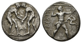 Pamphylia, Aspendos, c.380/75-330/25 BC. AR Stater (22mm, 10.63g). Two wrestlers grappling; AK between. R/ Slinger standing r.; triskeles to r. Tekin ...