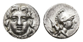 Pisidia, Selge, c. 250-190 BC. AR Obol (10mm, 0.95g). Facing gorgoneion. R/ Helmeted head of Athena r.; spearhead to l. SNG BnF 1948-50. Good VF